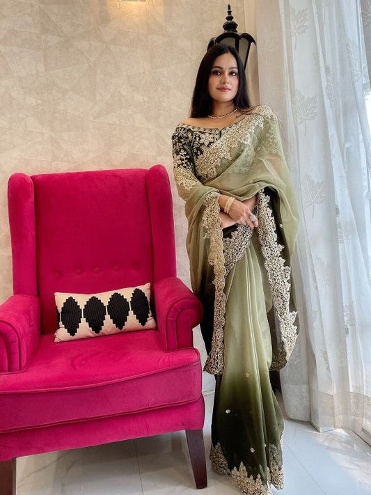 Green Floral Embroidered Saree