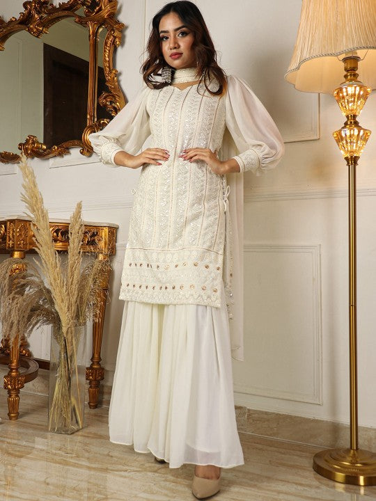 Striped Sweetheart Neck Sequined Tie-Up Straight Kurta with Sharara & Dupatta