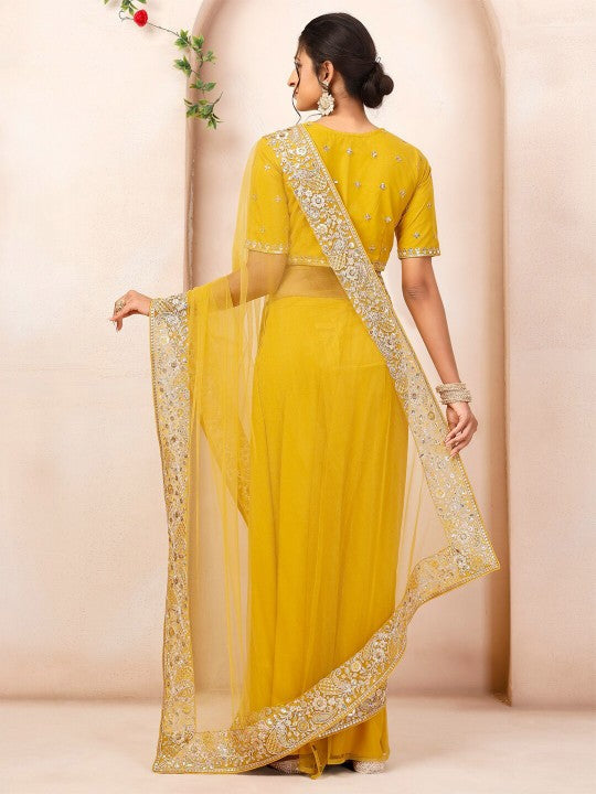 Mustard Embroidered Sequinned Net Saree