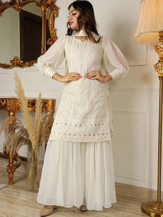 Striped Sweetheart Neck Sequined Tie-Up Straight Kurta with Sharara & Dupatta