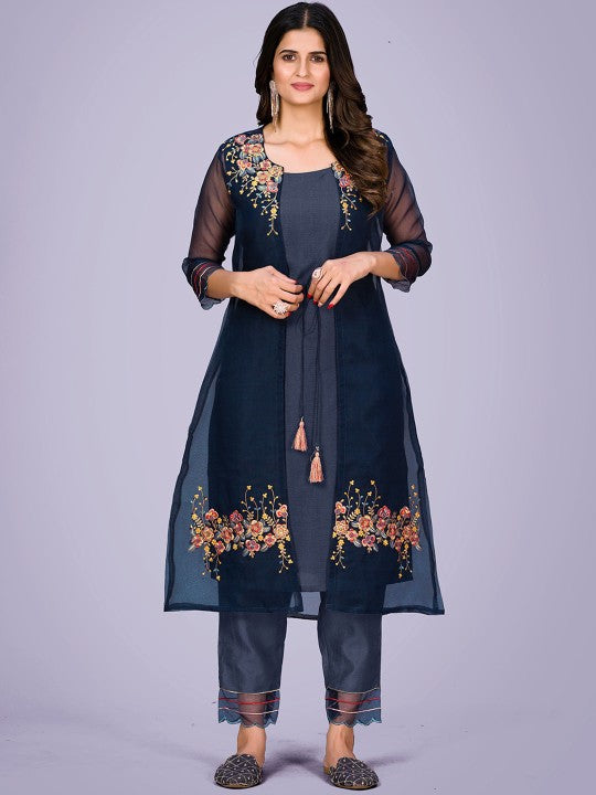 Women Floral Embroidered Regular Thread Work Kurta & Trousers With Shrug