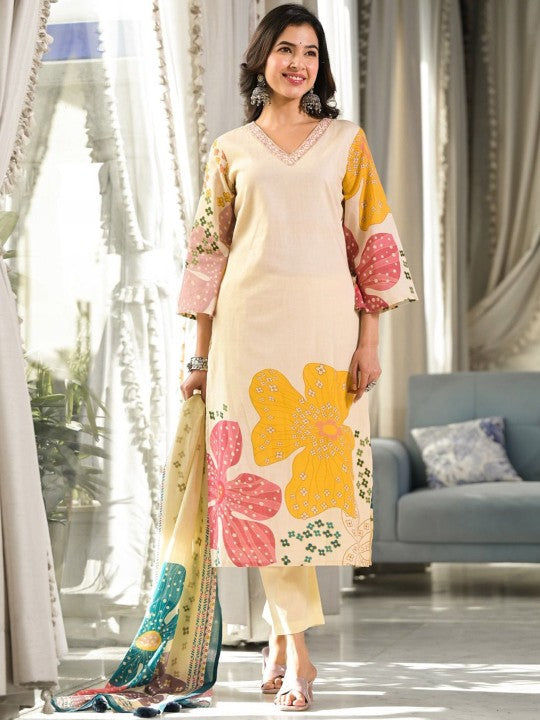 Printed V-Neck Beads & Stones Pure Cotton Straight Kurta With Trousers & Dupatta