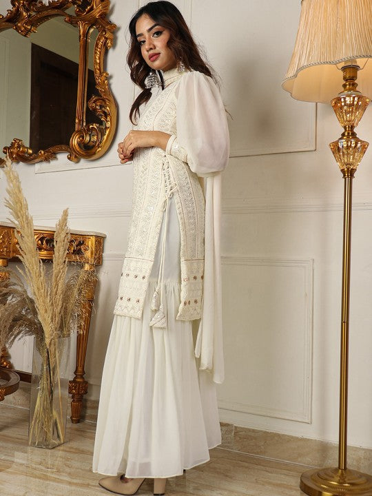 Striped Sweetheart Neck Sequined Tie-Up Straight Kurta with Sharara & Dupatta