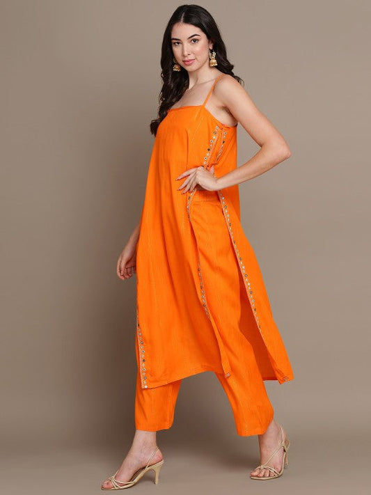 Striped Mirror Work High Slit Kurta with Palazzos