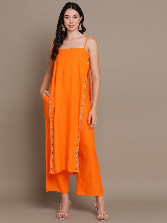 Striped Mirror Work High Slit Kurta with Palazzos