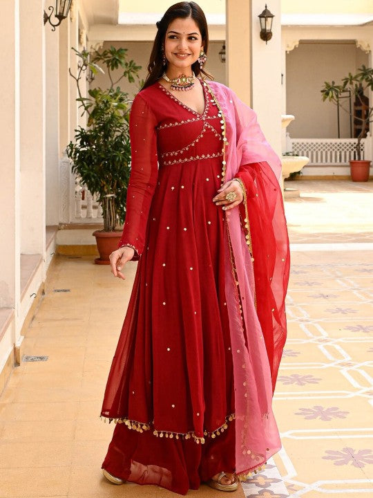 Ethnic Motifs Embroidered Sequinned Kurta with Palazzo & Dupatta