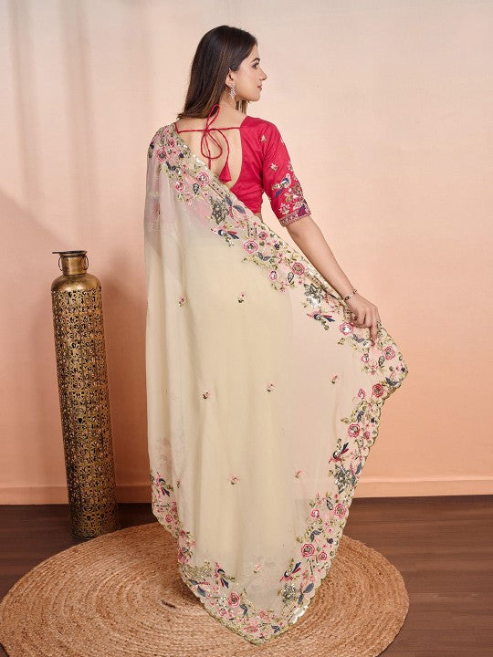 Floral Embroidered Pure Georgette Saree