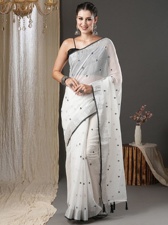 White & Black Floral Printed Zari Silk Cotton Saree