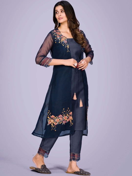 Women Floral Embroidered Regular Thread Work Kurta & Trousers With Shrug