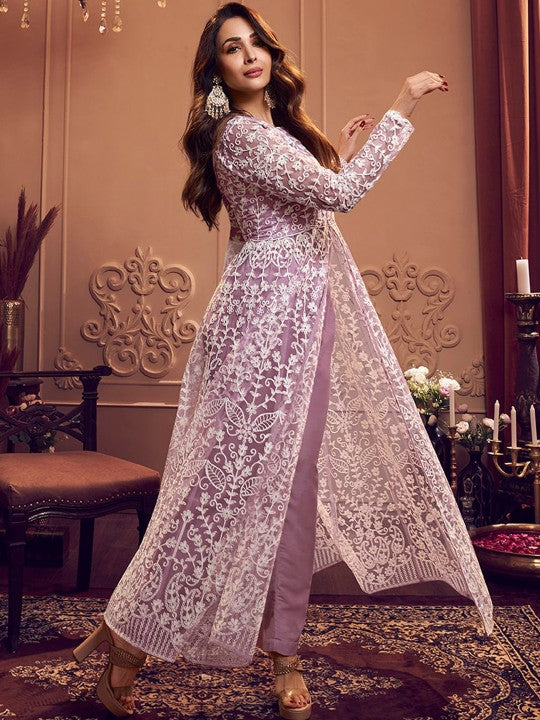 Floral Embroidered Keyhole Neck Long Sleeve High Slit Thread Work Kurta Set