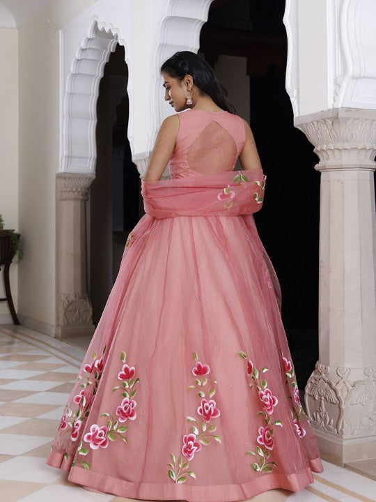 Embroidered V-Neck Organza Ready to Wear Lehenga & Blouse With Dupatta