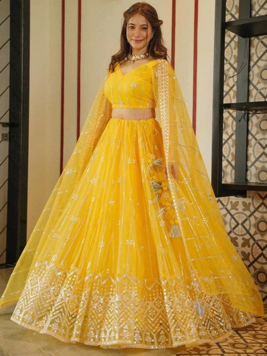 Embroidered Mirror Work Semi-Stitched Lehenga & Unstitched Blouse With Dupatta