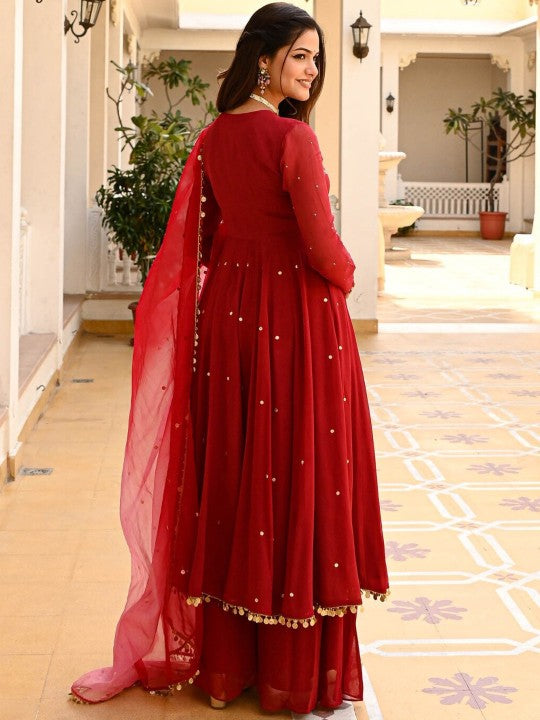 Ethnic Motifs Embroidered Sequinned Kurta with Palazzo & Dupatta