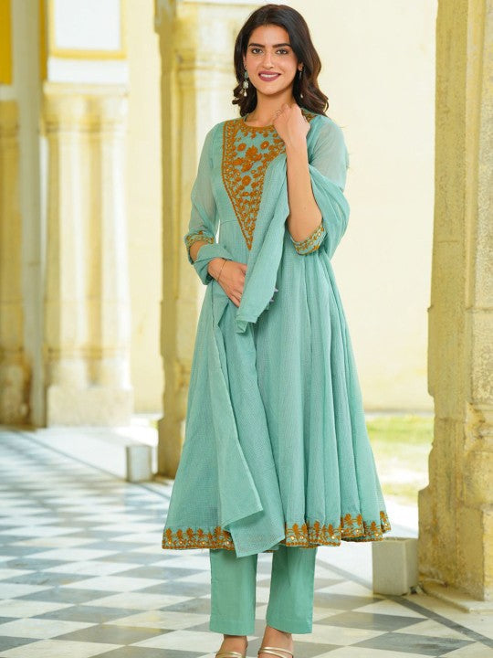 Floral Embroidered Aari Work Anarkali Kurta With Trousers & Dupatta