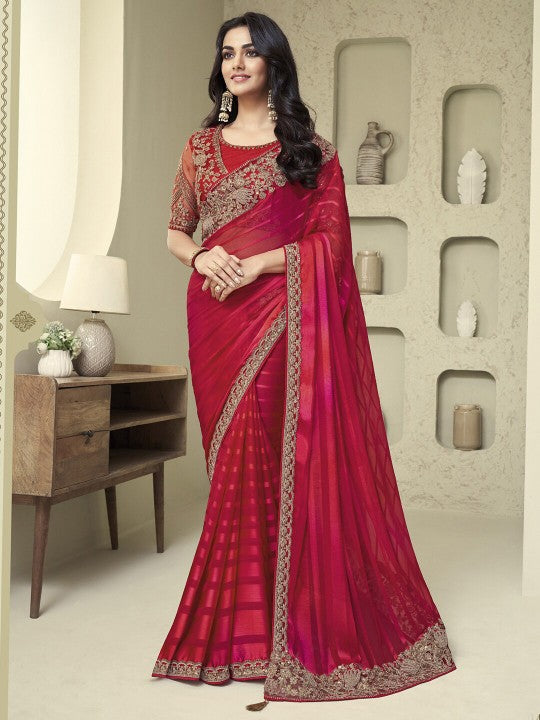 Pink & Gold-Toned Poly Georgette Saree with Jacket with Blouse