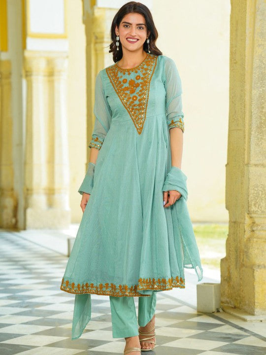 Floral Embroidered Aari Work Anarkali Kurta With Trousers & Dupatta