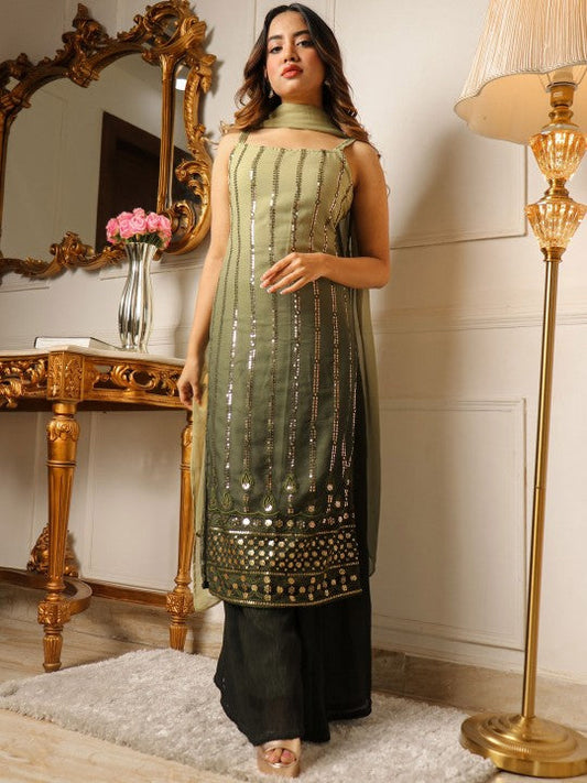 Embroidered Sequined Straight Kurta With Palazzos & Dupatta