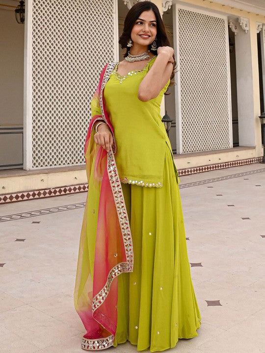 Ethnic Motifs Embroidered Regular Chanderi Silk Kurti With Palazzos & Dupatta