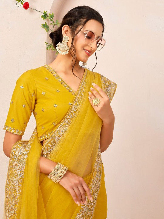 Mustard Embroidered Sequinned Net Saree