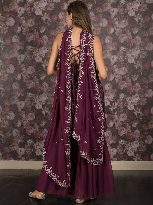 Embroidered Shoulder Straps Sequinned Georgette Kurta With Sharara & Dupatta