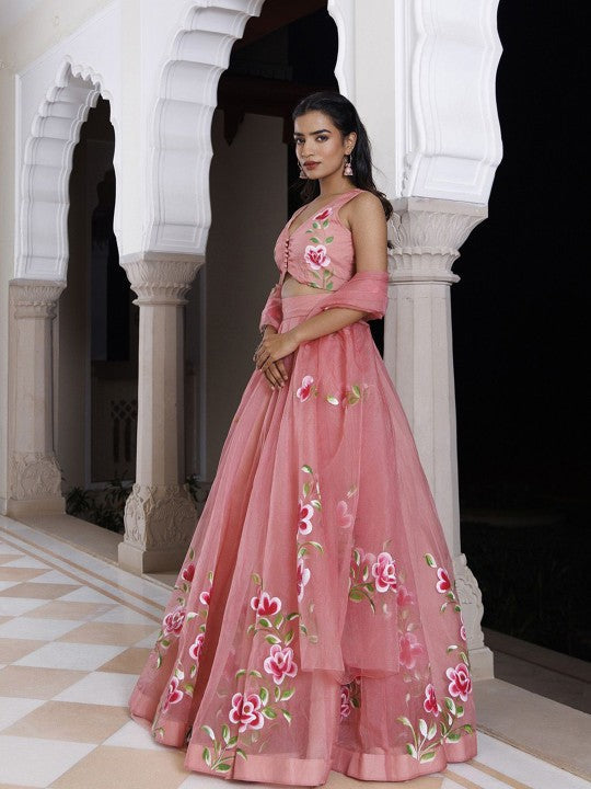 Embroidered V-Neck Organza Ready to Wear Lehenga & Blouse With Dupatta