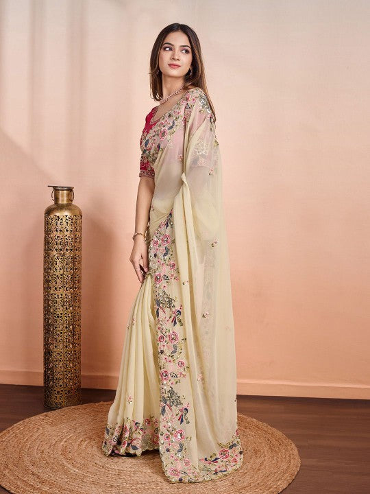 Floral Embroidered Pure Georgette Saree