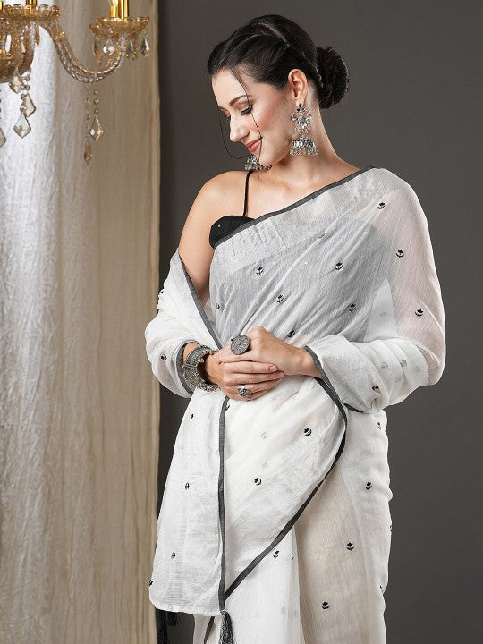 White & Black Floral Printed Zari Silk Cotton Saree