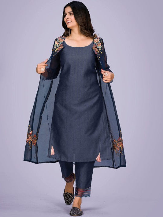 Women Floral Embroidered Regular Thread Work Kurta & Trousers With Shrug