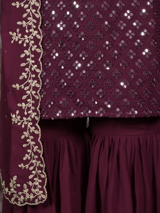 Embroidered Shoulder Straps Sequinned Georgette Kurta With Sharara & Dupatta